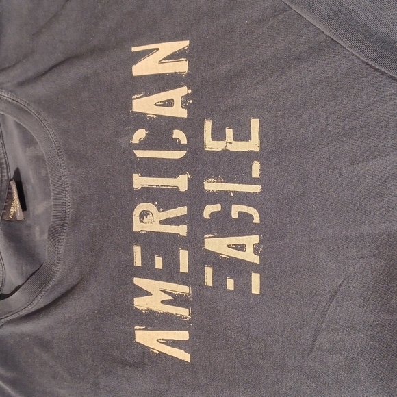 𝅺AMERICAN EAGLE OUTFITTERS MENS SZ XL LONG SLEEVE BLUE TEE SHIRT WITH TAN PRINT - Picture 4 of 6